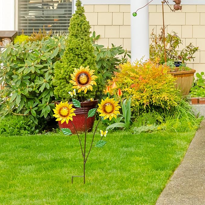 30" Metal Flowers for Outside Garden Stakes Decorative - 3-Head Sunflower Metal Yard Art Outdoor and Garden Decor, Spring Lawn Ornaments for Porch Backyard Patio, Rustproof Garden Gifts