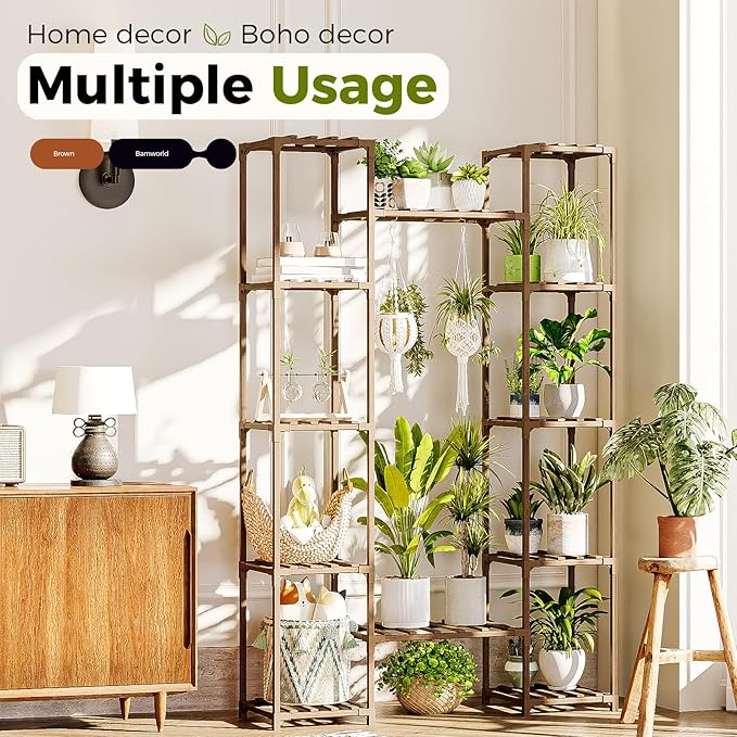 Bamworld Widened Plant Stand Indoor Outdoor 12 Tier Tall Large Wood Plant Shelf Multi Tier Flower Stands Garden Shelves Wooden Plant Display Holder Rack for Living Room Corner