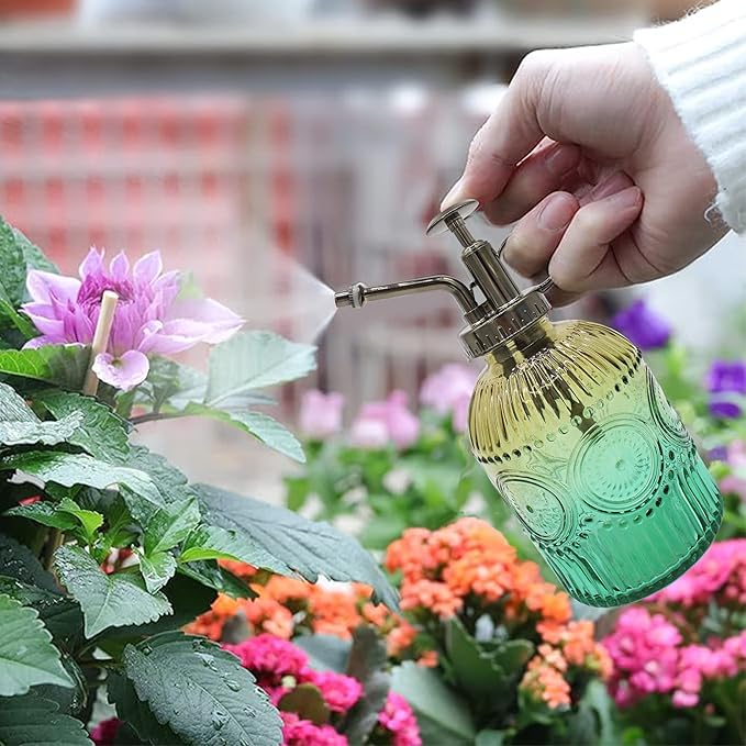 Glass Plant Mister Spray Bottle, 350ML Vintage Plant Spritzer with Top Pump Watering Can for Indoor Outdoor House Plants, Flowers (Gold-Green)
