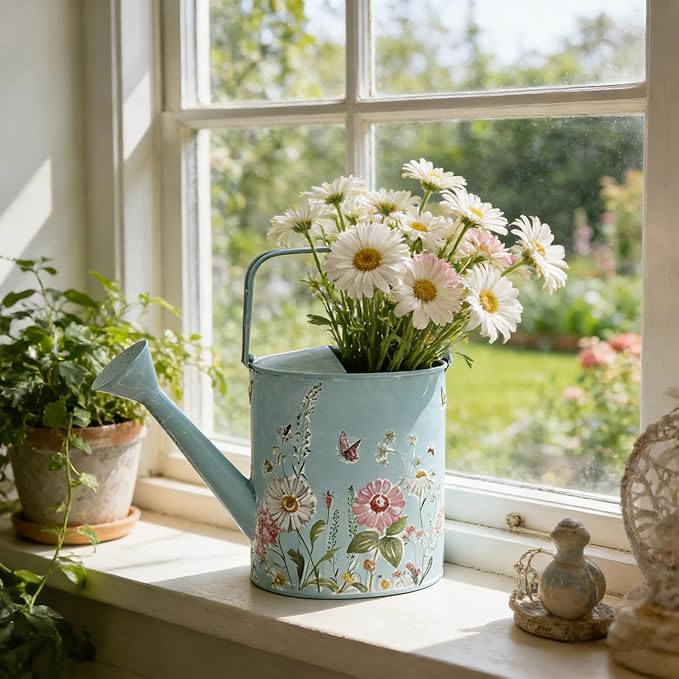 Vintage Floral Metal Watering Can for Indoor/Outdoor Plants, Blue Functional Garden Waterer with Long Spout, Garden Water Pot Rustic Decor for Home Garden Patio