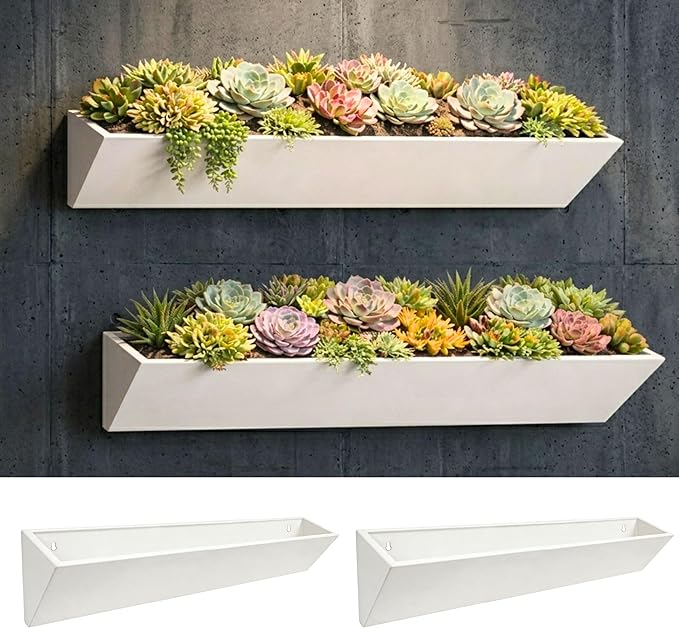 LaLaGreen Outdoor Wall Planter (30 Inch, 2 Pack) Large Triangle Geometric Carbon Steel Wall Mounted Planters, White Metal Hanging Flower Pots for Succulents, Modern Vertical Garden Home Decor
