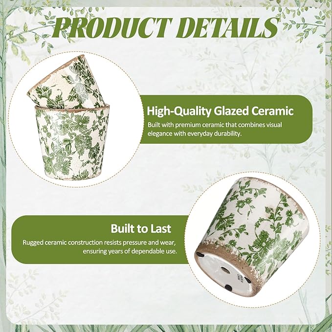 Beeveer 2 Pcs Farmhouse Ceramic Planters Gifts Set 5.1"x 5.5" Christmas Vintage Flowers Pots Green Ice Crackle Glazed Plants Pots with Drainage for Rustic Boho Indoor Outdoor Plants Home Office Decor