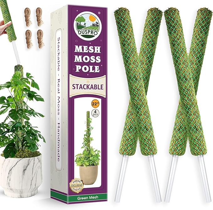 DUSPRO 4 Pack 22" Green Stackable Mesh Moss Pole for Plants – Extendable Up to 71", Natural Forest Moss Pole Monstera Plant Support, Moss Stick for Climbing Plants, Indoor Plant Stakes Accessories