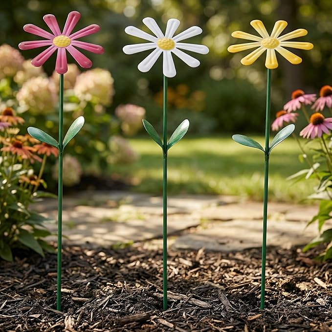 Topadorn Flower Garden Stake Decor, Outdoor Plant Pick Water Proof Metal Sunflower Daisy Stick for Lawn Yard Patio, Pathway Ornament, Set of 3