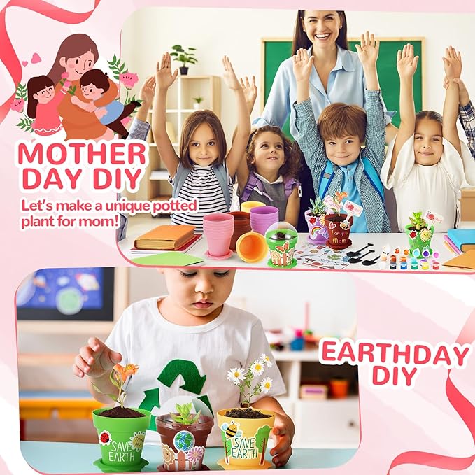SiliFine 24 Sets Spring Kids Plant Growing Kit Flower Pots Cupcake Plant Nursery Pots Gardening Kit for Kids with Paint and Stickers Labels Name Tag for Easter Mothers Day Craft Bulk Classroom