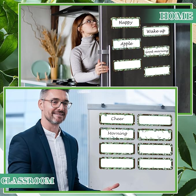 Kanayu 48 Pcs Eucalyptus Magnetic Dry Erase Labels Reusable Name Tag Plate Flexible Magnetic Label Sticker Blank Writable Card for Whiteboard Classroom Home Office Fridge(Stylish,1.97 x 4.53 Inch)