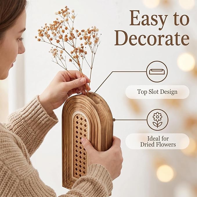 Dnnnii 2 Pack Wooden Wall Vase Set - Brown Finish Hollow Rattan Modern Farmhouse & Boho Wall Decor for Entryway, Hallway, Bathroom, Living Room, Dining Room, Narrow Spaces
