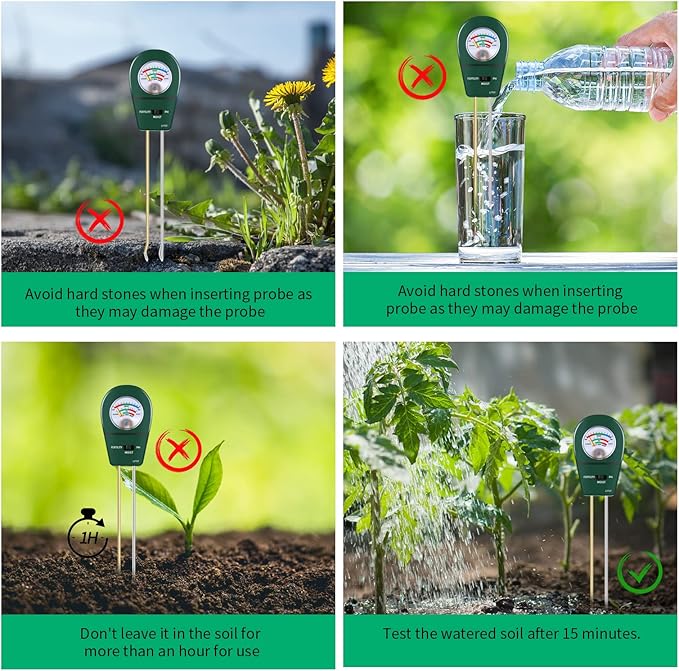 3 in 1 Soil Tester, Soil Fertility Test, Measure pH of Garden, Lawn Care, Potted, Horticultural Soil Moisture Meter Sensor, No Battery (Green)