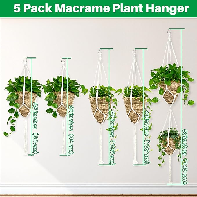 RAINFLOW Macrame Plant Hanger - 5 PCS Hanging Planters for Indoor Plants Outdoor Decorative Flower Pot Holder Wall Decor Living Room Boho Home Decor Set of 5 35"/41"/55" 3 Size Pots Not Included