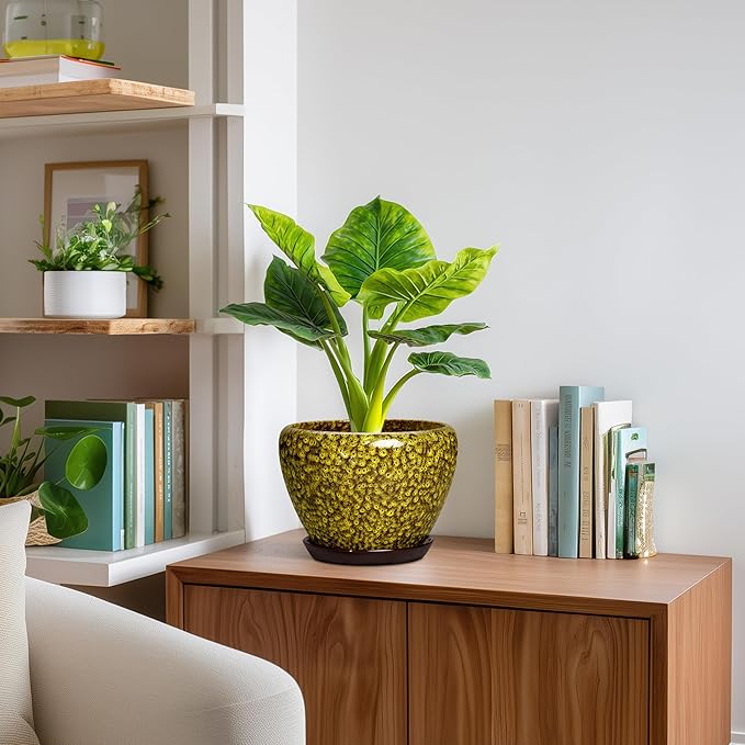 8 Inch Flower Pot - Ceramic Planters for Indoor Outdoor Plants, Round Plant Pot with Drainage Hole and Saucer, Decorative Indoor Planter, Bathroom Decor, House Warming Gifts, Yellow Leopard