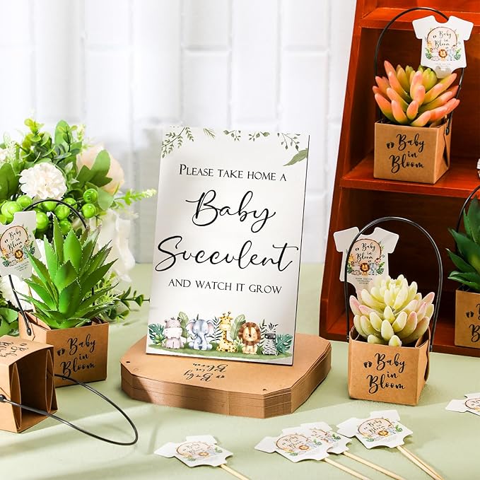 Geetery 101 Pcs Succulent Baby Shower Party Favors for Guests Include 1 Wooden Table Sign 50 Kraft Succulent Pots and 50 Tags for Baby Shower Party Gifts(Woodland)