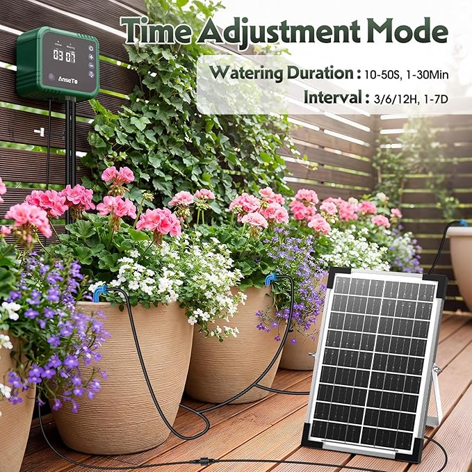 8W Solar Drip Irrigation System for Gardens, DIY Automatic Drip Kit, Supports Watering 30 Pots, Includes 35m Drip Hose and 30 Emitters Suitable for Gardens/Greenhouses/Outdoor Irrigation Timer