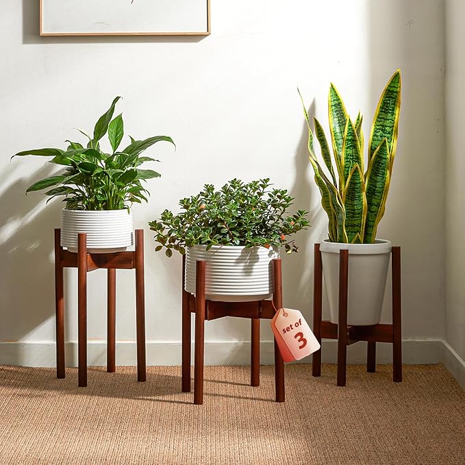 GENTINGBRO Adjustable Plant Stand Indoor, Bamboo Plant Holder 8 to 12 Inches, 3 Pack Single Floor Plant Stand for Living Room Balcony Bedroom, Reddish Brown