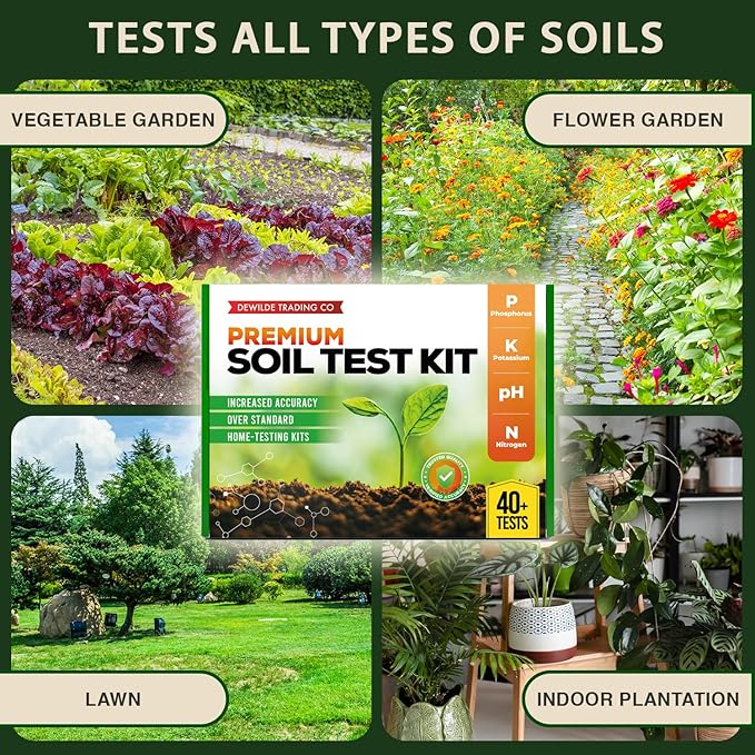 Premium Soil Test Kit: 40 Complete Tests for Lawns, Gardens, and Vegetables. Tests for Ammonia Nitrogen, pH, Phosphorus, and Potassium.