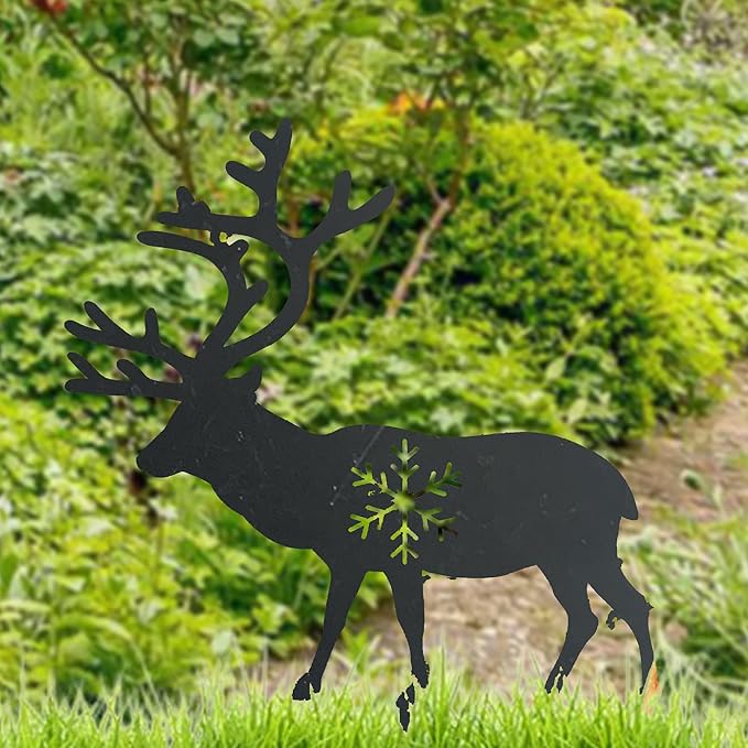 Deer Garden Stake Rustic Elk Moose Outdoor Decor Yard Art Ornament Country Hunting Theme Weathered Wildlife Metal Decor,Black