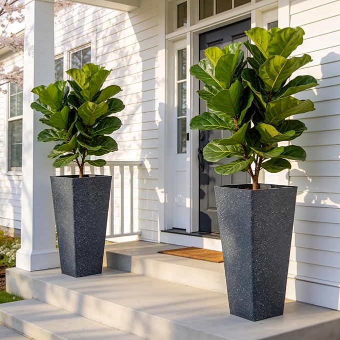 Autodaya 28" Plant Pots Tall Planters for Plants Outdoor Set of 2 Plastic Planter Pot Large Flower Pots Indoor Weather-Resistant for Patio, Porch, Garden, Front Door Christmas Decor Terrazzo Black