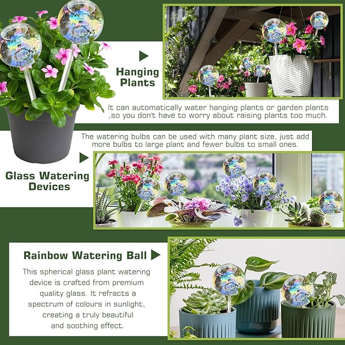 Self Watering Globes, Glass Rainbow Plant Watering Globes, Self Watering Planter Insert for Indoor & Outdoor Potted, Self Watering Planter Insert Spikes Devices for Everyday or Vacation Use, 2 Pack