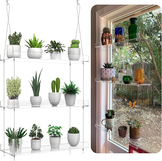 2-Pack Hanging Clear Plant Shelves for Windows, 3-Tier Acrylic Window Wall Plant Stand Shelf for Kitchen Window Indoor Gardens, Flower,Fleshy Plant,Herb, Seedling Organization, and Plants Pots Display
