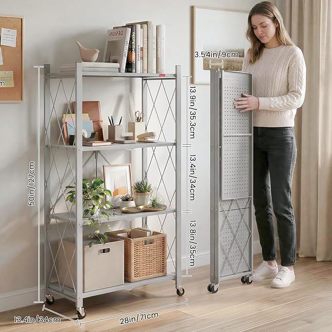 DEANIC 4 Tier Foldable Storage Shelves with Wheels, Large Capacity Shelving Unit, Freestanding Metal Wire Shelf Rack, No Assembly Organizer Rack for Garage Kitchen, Basement, Pantry(Grey Pack of 2)