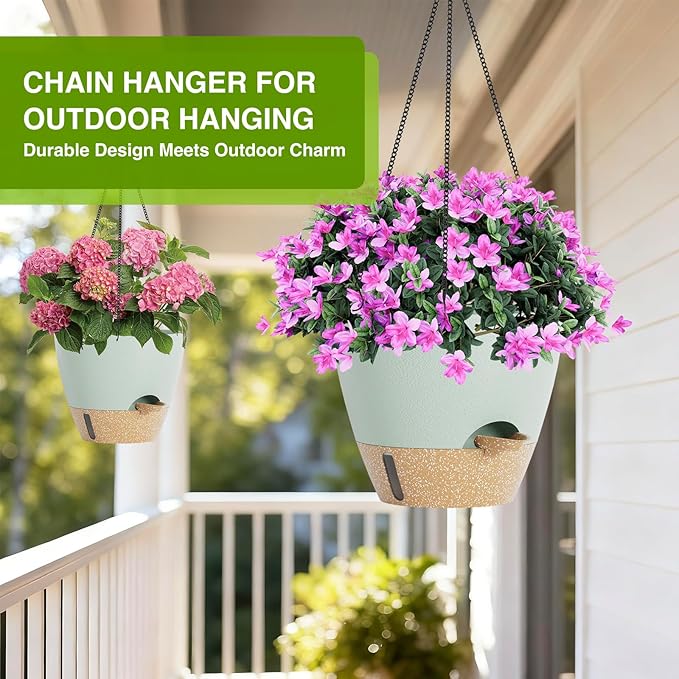 LEWESU Set of 2 Hanging Planters for Indoor Plants with Self Watering Includes Hanging Pots and 2 Types Plant Hangers, Outdoor Hanging Baskets Holder for Home Garden, 10 Inch Sage Green