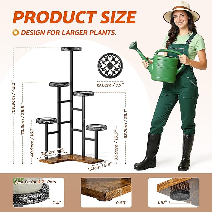 Plant Stand 6 Tier Indoor Outdoor Metal Wood Flower Shelf Corner Flower Holders for Living Room Balcony Garden Patio