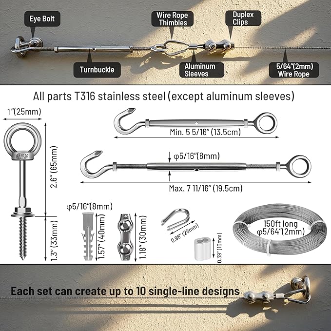 Tensioned Wall Wire Trellis Kit, 5/64”(2mm) x 150ft Cable with T316 Stainless Steel Turnbuckle Tensioners for Outdoor Climbing Plants Espalier System for Fence and Garden DIY Projects