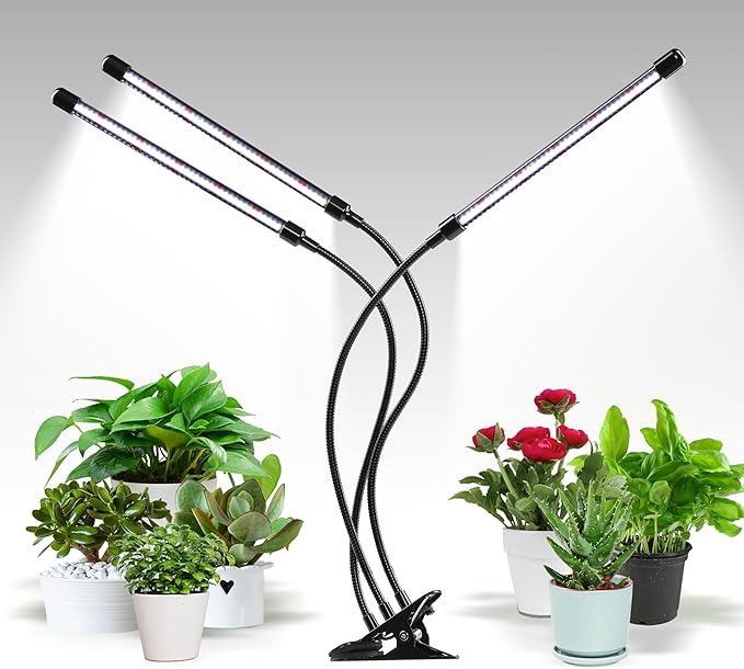 iPower LED Grow Lights for Indoor Plants, 6000K Full Spectrum Growing Lamp with White Red LEDs, 5-Level Dimmable, Auto On Off with 4/8/12H Timer, 3 Tubes