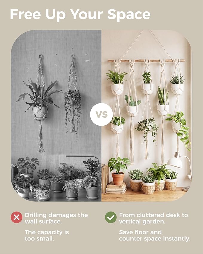 Bamworld Macrame Plant Hanger with Wooden Dowel Multi-Tier Hanging Planters for Indoor Plants Wall Mounted Hanging Plant Holder with 7 Pockets Boho Hanging Baskets for Wall Decor(Pot Not Included)
