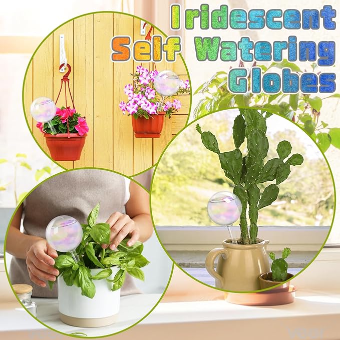 3 Pcs Iridescent Self Watering Globes,Automatic Plant Glass Waterer Bulbs,Rainbow Plant Watering Insert,Clear Glass Plant Water Globes for Indoor & Outdoor