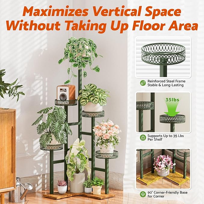 Plant Stand 6 Tier Indoor Metal Wood Flower Shelf for Indoor Outdoor Corner Tall Flower Holders for Garden Balcony Living Room Bedroom