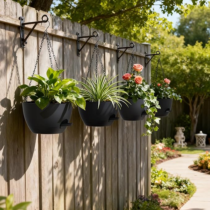 UOUZ 4 Pack 8 Inch Self Watering Hanging Planters for Indoor Outdoor Plants，Hanging Pots for Plants with Drainage Removable Tray, Hanging Baskets Flower Pots for Ivy Pothos Spider Garden Porch Black