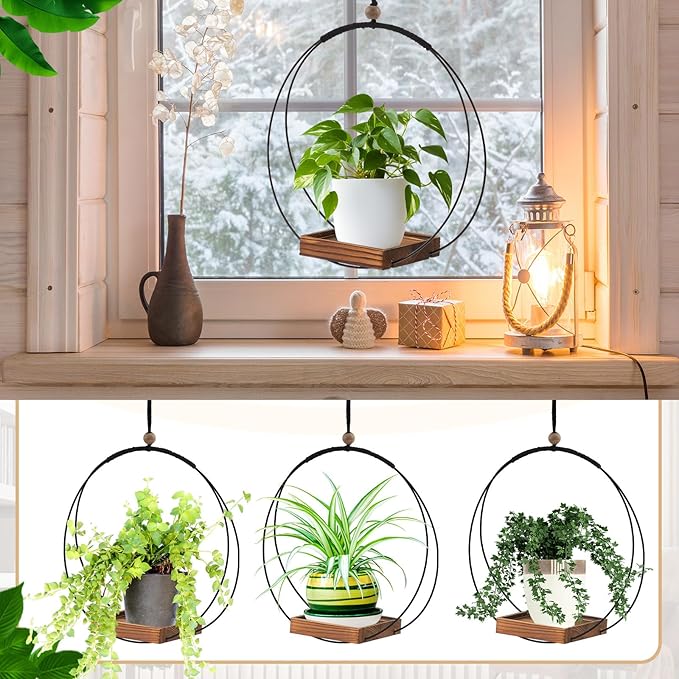Geelin 4 Pack Plant Hanger with Wood Base Hanging Window Planter Boho Macrame Hanging Potted Plant Holders for Indoor Outdoor Window Wall Ceiling Home Decoration, Pot & Sapling Not Included (Brown)