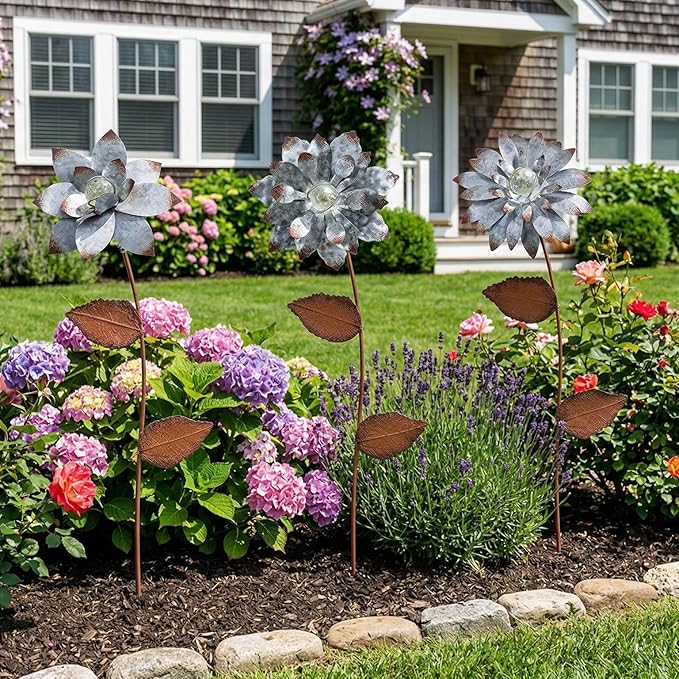 Metal Floral Garden Stake Outdoor Glow in Dark Silver Plant Pick Water Proof Metal Flower Stick Décor for Lawn Yard Patio,3 PCS
