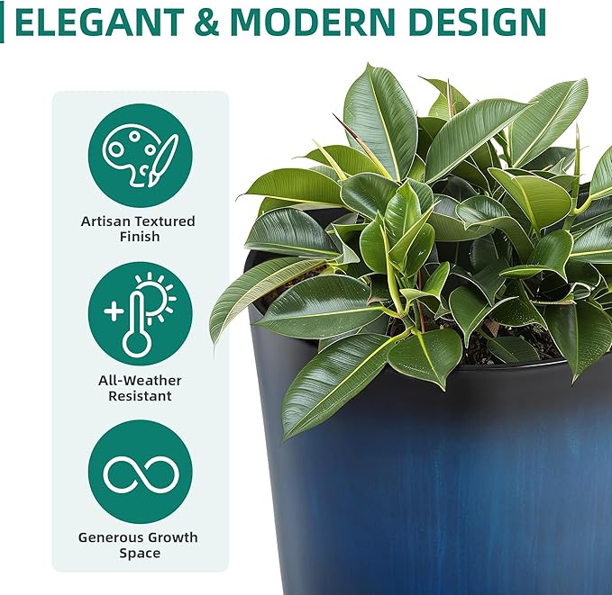 Autodaya 23.8" Tall Planters Large Set of 2 Plant Pots Plastic Flower Pots Outdoor Artistic Floating Cobalt Blue Glaze, UV-Protect & Lightweight PP Container for Garden, Patio, Deck, Porch, Indoor
