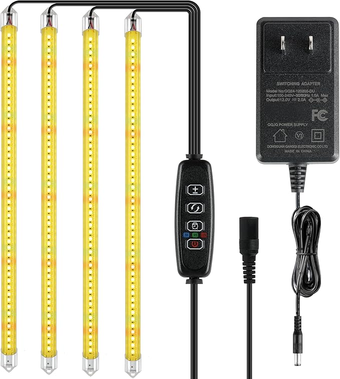 iPower 60W LED Plant Grow Light Strips Full Spectrum for Indoor Plants with Auto ON/Off 3/9/12H Timer, 10 Dimmable Levels 48 LEDs Per Tude, for Hydroponics Succulent, 4 Tubes, Yellow