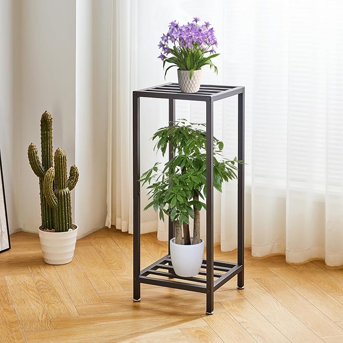 IBUYKE 30 Inch Tall Plant Stand Indoor, 2 Tier Metal Corner Plant Stand, Modern Square Plant Shelf Flower Stand for Living Room Patio Balcony Garden, Black TMJ070B