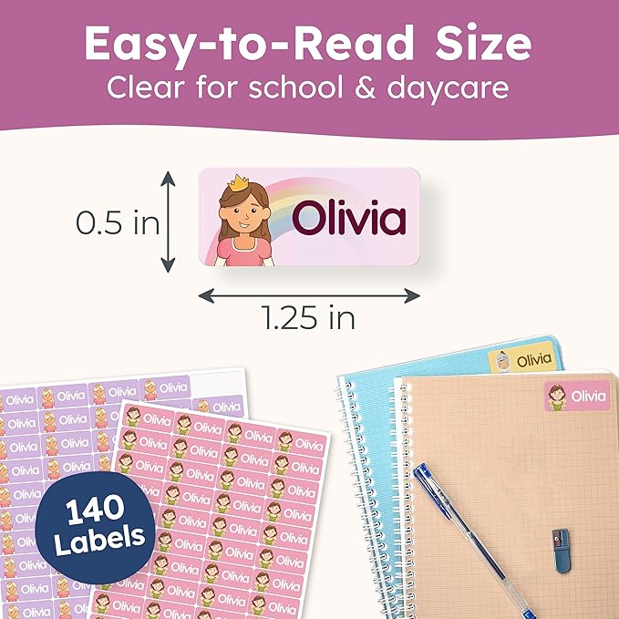 Personalized Name Labels for Kids (140 Labels) - Durable & Waterproof Custom Name Stickers for Clothing Tags, School Supplies, Camp & Daycare - Prince & Princess (1.2”x0.5”)