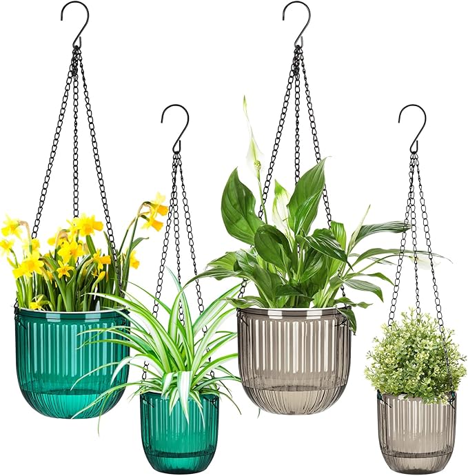 Maxcheck 4 Pcs Self Watering Hanging Planters Indoor Gift 6.5'' 4.5'' Hanging Flower Pots Baskets Outdoor Self Watering Plant with 3hooks Drainage Holes for Home