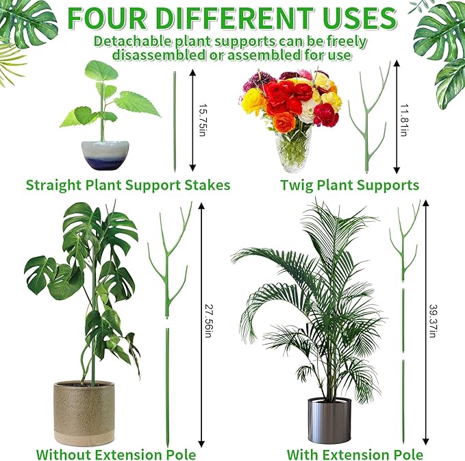 ROADPLUM 4 Pack 39.37" Detachable Twig Plant Support Stakes Set, Blends in to Plant, Branch Plant Sticks with Orchid Clips Twist Plant Ties, Twig Trellis for Indoor Outdoor Plants Potted Plants Flower