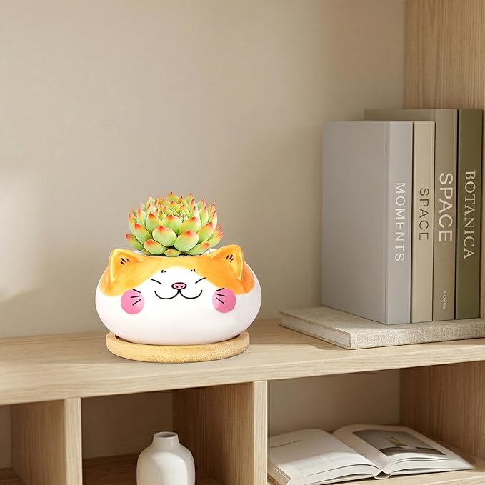 Cute Cat Animal Ceramics Planter Succulent Pot with Drainage, Plant Pot for Indoor Mini Plants Flower Cactus, Home and Garden Decor Fun Gifts