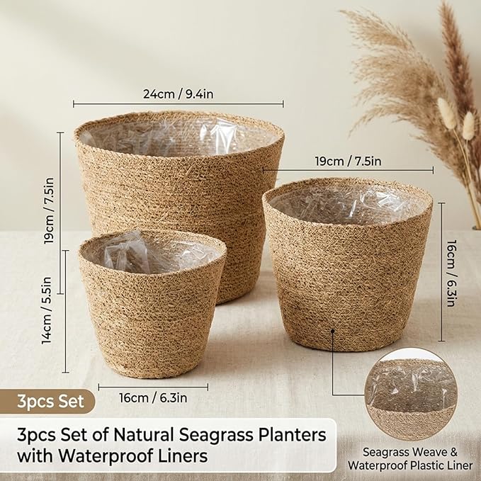 3PCS Woven Planter Rustic Seagrass Baskets with Liners for Indoor Plants Natural Rattan Plant Basket (3 Size) Set 1