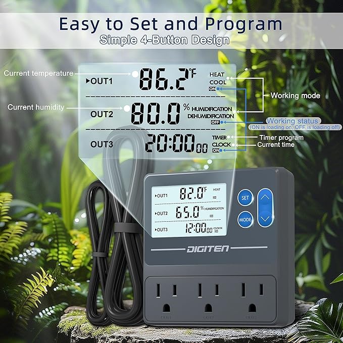 DIGITEN Reptile Temperature and Humidity Controller with Timer Outlet, Day-Night Function Thermostat, 3-Stage Outlet Plug in Temperature Controller for Reptile, Mushroom, Homebrew