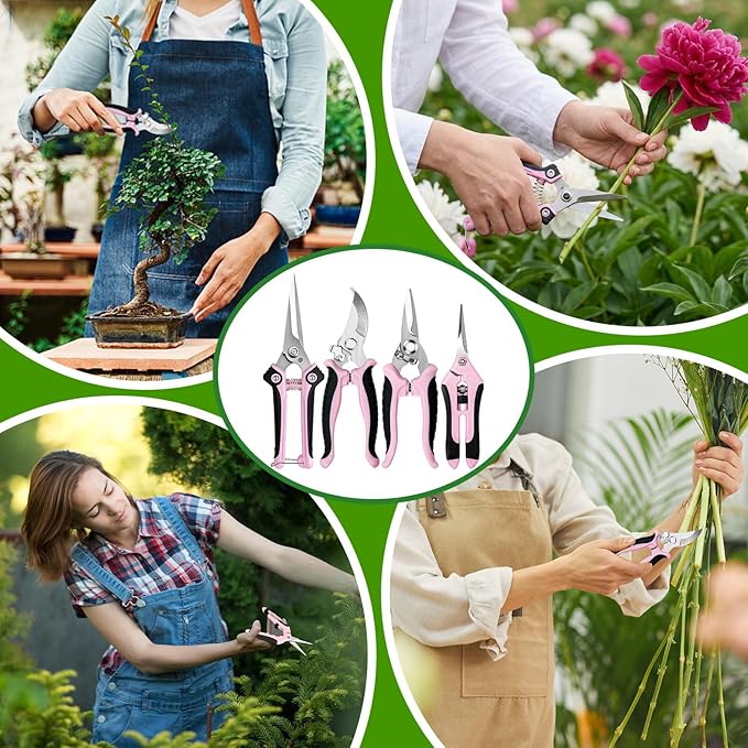 EWPJDK 4 Pack Garden Pruning Shears, Stainless Steel Garden Shears, Gardening Shears, Garden Scissors, Clippers, Pruning Snips, Pruning Shears for Gardening Tools (Pink)