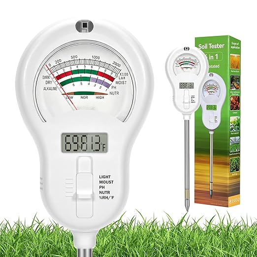 6-in-one Soil Test Kit-Soil Moisture Meter/PH Meter/Fertility/Sunlight Intensity Soil Tester, LCD Air Hygrometer&Temperature Moisture Meter for Plants-Garden, Lawn,Farm,1 Pack Detachable Probe