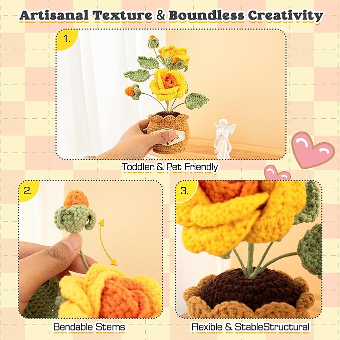 Crochet Flowers with Personalized Leather Name Tag Handmade Knitted Flowers for Home Office Desk Decor Crochet Rose Flower Potted Plant Crochet Gift for Women,Mom,Teacher, Birthday(Yellow)