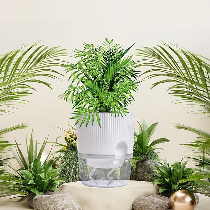 3 Pack - 5.5 Inch Self Watering Planter Pots for Indoor Plants - African Violet Pots with Wick Rope - White