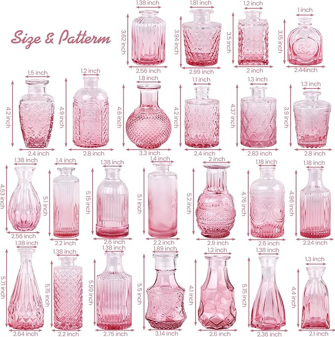 TBWIND Pink Glass Bud Vase Set of 24, Small Flower Vases for Centerpieces in Bulk, Mini Vintage Vase for Wedding Decor, and Home Table Décor