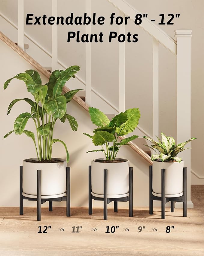 GENTINGBRO Adjustable Plant Stand Indoor, Bamboo Plant Stand Fits 8 9 10 11 12 Inches, Small Corner Planter Holder for Indoor Plants, Single Floor Plant Stands for Living Room Balcony, Pure Black