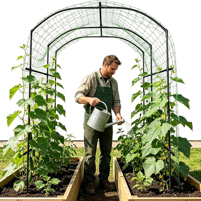 SUNYRISY Garden Arch Trellis for Climbing Plants Outdoor Gardening, 87" H x 70" L x 75" W Metal Core Tall Plant Support for Raised Bed Planting Cucumber Tomato Flowers Vegetables