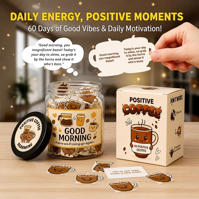 Positive Coffee Jar with 60 Affirmation Cards, Coffee Gifts For Women and Men, Dad, Mom, Coffee Themed Lover Gift, Emotional Support Latte, Cheer Up Funny Gag Gifts for Best Friends, Coworkers